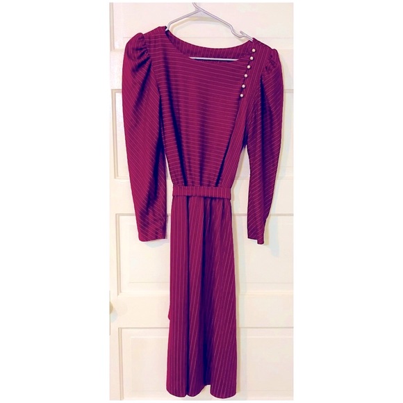 Vintage Long Sleeve Burgundy Midi Dress - Picture 4 of 5